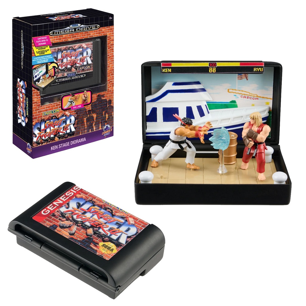 Console Heroes SEGA Street Fighter II Cartridge Diorama Playset (Ken/Dock Stage, includes Ryu & Ken mini-figures) — Wilder Toys, Capcom-licensed